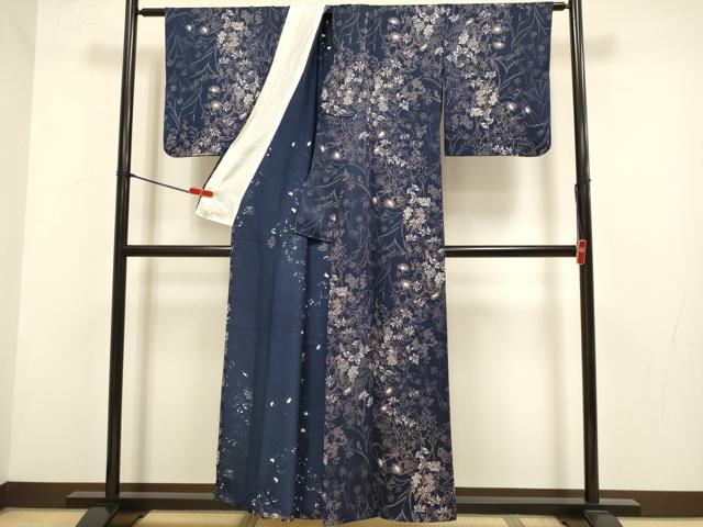 平和屋着物▽上質な小紋　単衣　草花文　正絹　逸品　DABH4812du