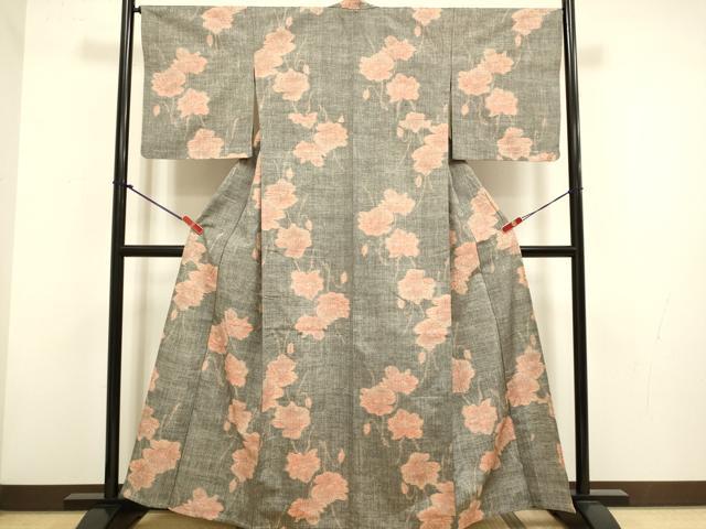 平和屋着物▽上質な紬　単衣　草花文　正絹　逸品　DABH4831du