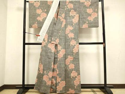 平和屋着物▽上質な紬　単衣　草花文　正絹　逸品　DABH4831du