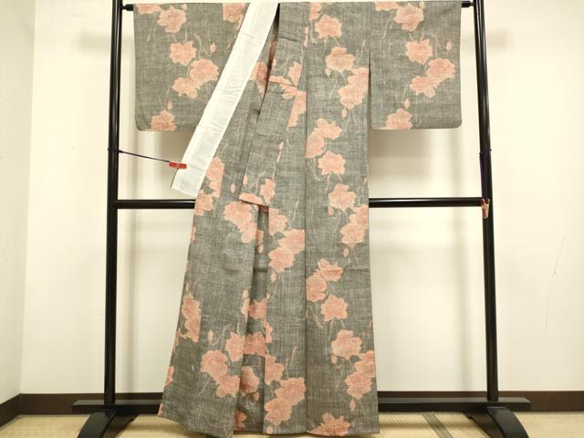 平和屋着物▽上質な紬　単衣　草花文　正絹　逸品　DABH4831du