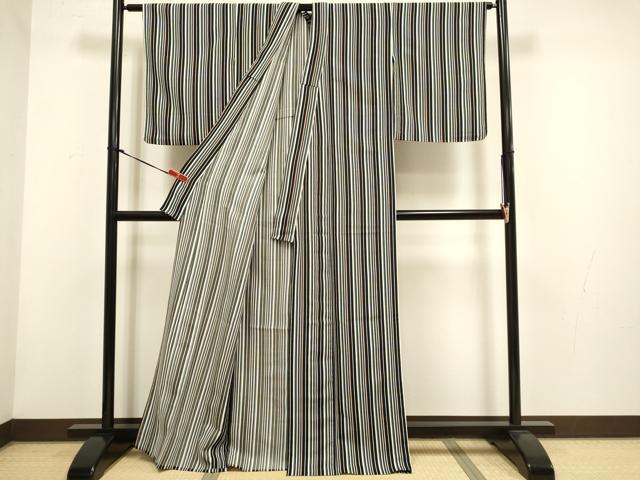 平和屋着物▽上質な小紋　単衣　縞　洗える着物　DABH4841du