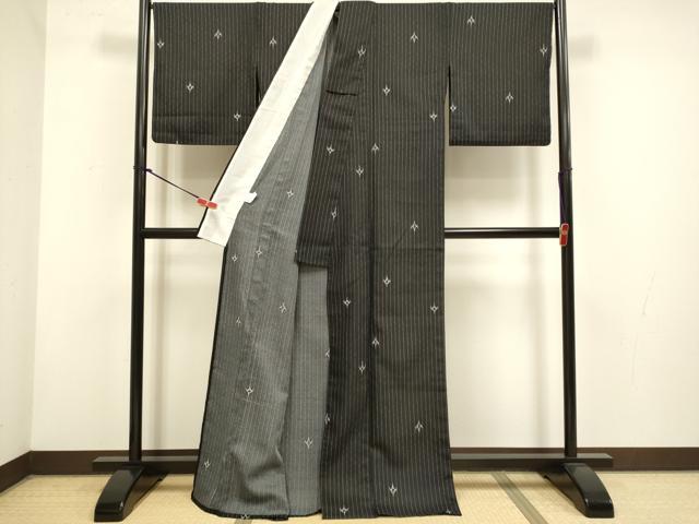 平和屋着物▽小紋　単衣　抽象間道　黒地　洗える着物　DABH4842du
