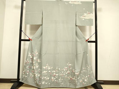 平和屋着物▽訪問着　単衣　友禅　作家物　枝花文　正絹　逸品　DABH4848du