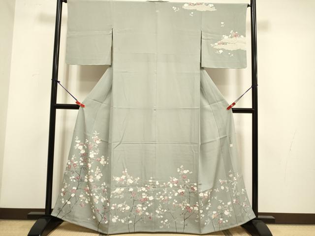 平和屋着物▽訪問着　単衣　友禅　作家物　枝花文　正絹　逸品　DABH4848du
