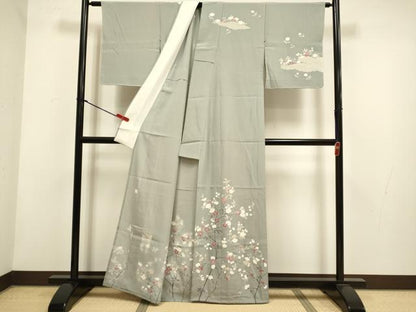 平和屋着物▽訪問着　単衣　友禅　作家物　枝花文　正絹　逸品　DABH4848du