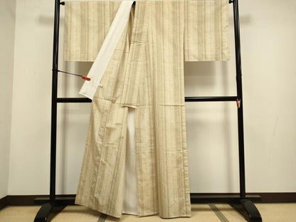 平和屋着物▽西陣　ぜんまい紬　三代目市三郎　雅生紬會　単衣　縞　証紙付き　正絹　逸品　DABH4849du