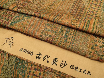 平和屋着物▽上質な小紋　単衣　紬地　古代更紗　切嵌更紗文　反端付き　正絹　逸品　DABH4855du