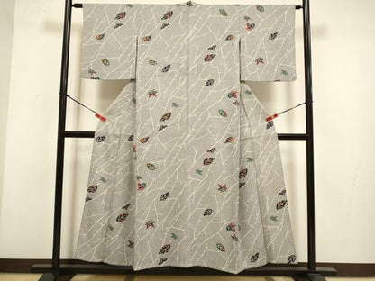 平和屋着物▽上質な小紋　単衣　舞葉文　ふくれ織　正絹　逸品　DABH4859du