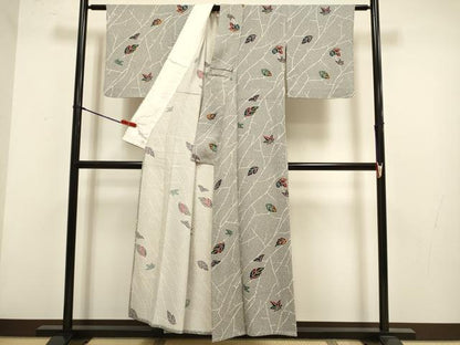 平和屋着物▽上質な小紋　単衣　舞葉文　ふくれ織　正絹　逸品　DABH4859du