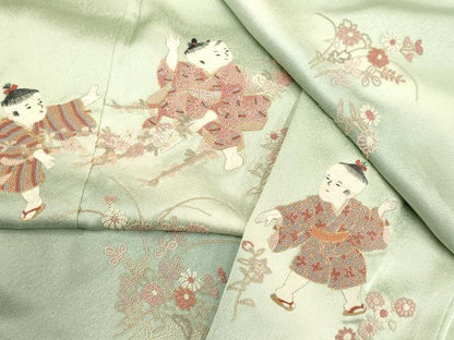 平和屋着物▼中国三大刺繍　相良刺繍　総刺繍　訪問着　童子　暈し染め　金糸　正絹　逸品　DABH4862du