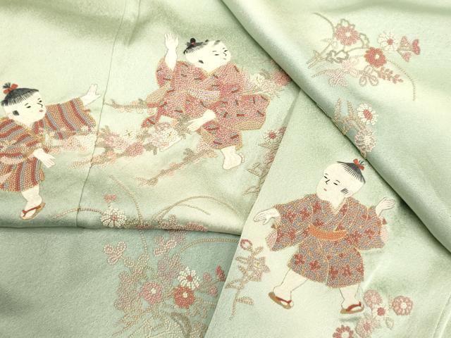 平和屋着物▼中国三大刺繍　相良刺繍　総刺繍　訪問着　童子　暈し染め　金糸　正絹　逸品　DABH4862du