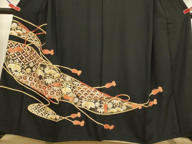 平和屋着物▼豪華黒留袖　総刺繍　結び紐吉祥花文　金糸　正絹　逸品　DABH4867du
