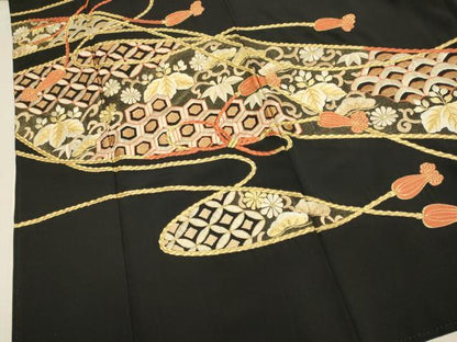 平和屋着物▼豪華黒留袖　総刺繍　結び紐吉祥花文　金糸　正絹　逸品　DABH4867du