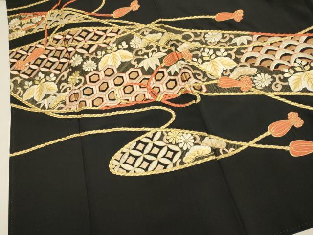 平和屋着物▼豪華黒留袖　総刺繍　結び紐吉祥花文　金糸　正絹　逸品　DABH4867du