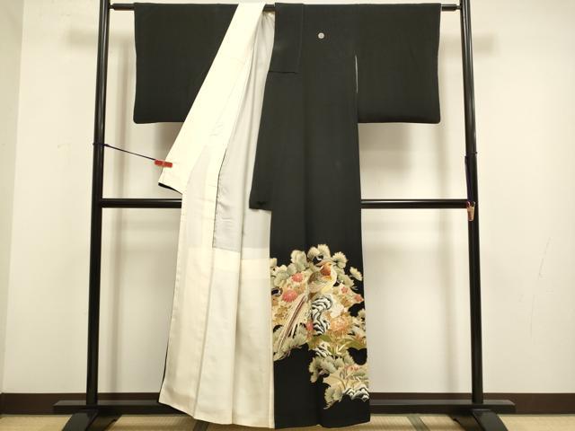 平和屋着物▼豪華黒留袖　総刺繍　尾長鳥花文　金彩　正絹　逸品　DABH4869du