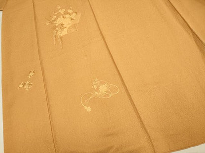 平和屋着物▼豪華色留袖　総刺繍　扇花文　土色　正絹　逸品　DABH4871du