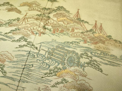 平和屋着物▼訪問着　刺繍　風景人物松文　暈し染め　金糸　正絹　逸品　DABH4872du