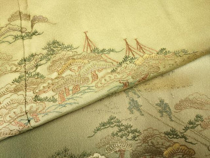 平和屋着物▼訪問着　刺繍　風景人物松文　暈し染め　金糸　正絹　逸品　DABH4872du