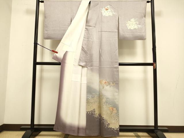 平和屋着物▼中国三大刺繍　スワトウ刺繍　汕頭刺繍　総刺繍　訪問着　扇面花文　シルエット　暈し染め　金銀彩　正絹　逸品　DABH4873du