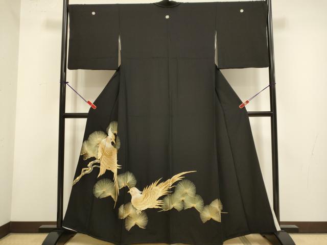 平和屋着物▼豪華黒留袖　総刺繍　尾長鳥松文　金糸　正絹　逸品　DABH4874du