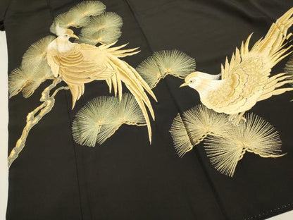 平和屋着物▼豪華黒留袖　総刺繍　尾長鳥松文　金糸　正絹　逸品　DABH4874du