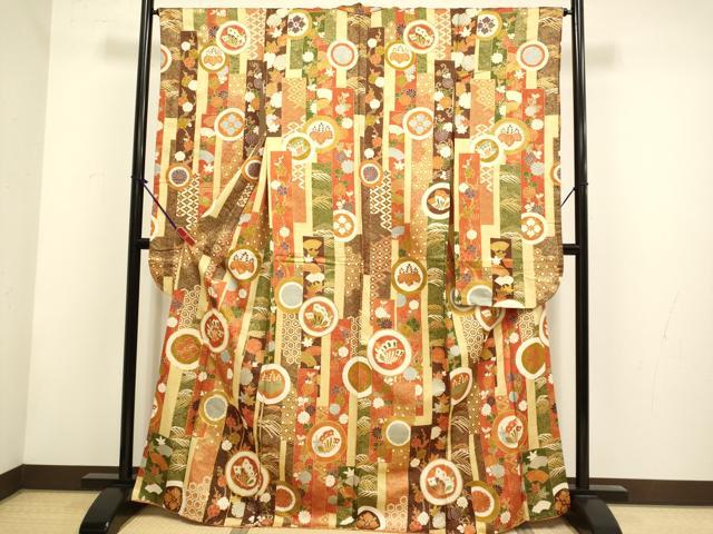 平和屋着物▼豪華振袖　駒刺繍　吉祥花蝶文　金通し地　正絹　逸品　DABH4876du