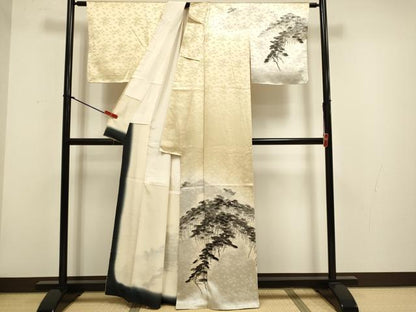平和屋着物▼訪問着　手描き　松文　暈し染め　正絹　逸品　DABH4882du