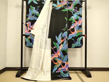 平和屋本店●お引きずり・お引き摺り・引き振袖　和装　結婚式　舞妓　芸妓　芸者　衣装　駒刺繍　飛鶴文　黒地　逸品　DABH4892du