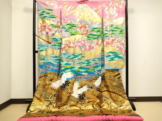 平和屋本店●本手描友禅作家　秋山章　和装　婚礼　結婚式　花嫁　神社挙式　立波飛鶴花松文　暈し染め　金彩　逸品　DABH4895du