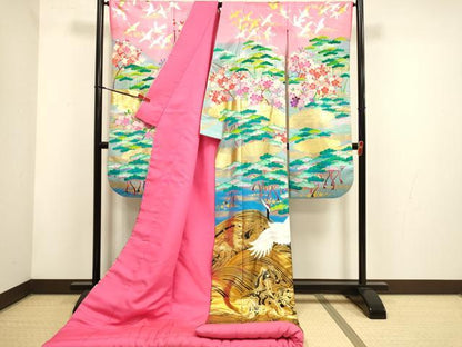 平和屋本店●本手描友禅作家　秋山章　和装　婚礼　結婚式　花嫁　神社挙式　立波飛鶴花松文　暈し染め　金彩　逸品　DABH4895du