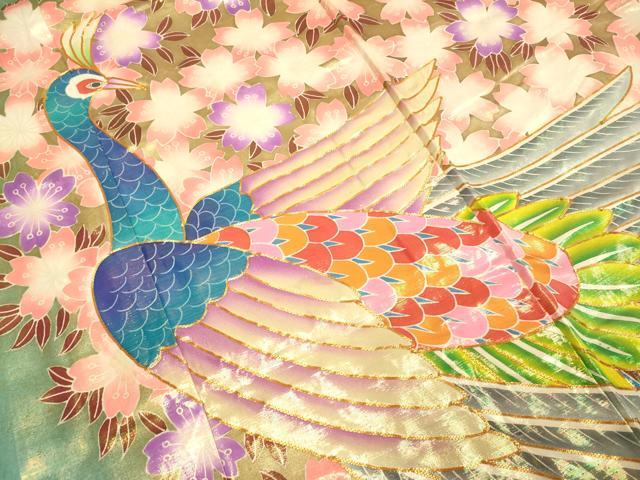 平和屋本店●お引きずり・お引き摺り・引き振袖　和装　結婚式　舞妓　芸妓　芸者　衣装　駒刺繍　孔雀桜文　金彩　逸品　DABH4924du