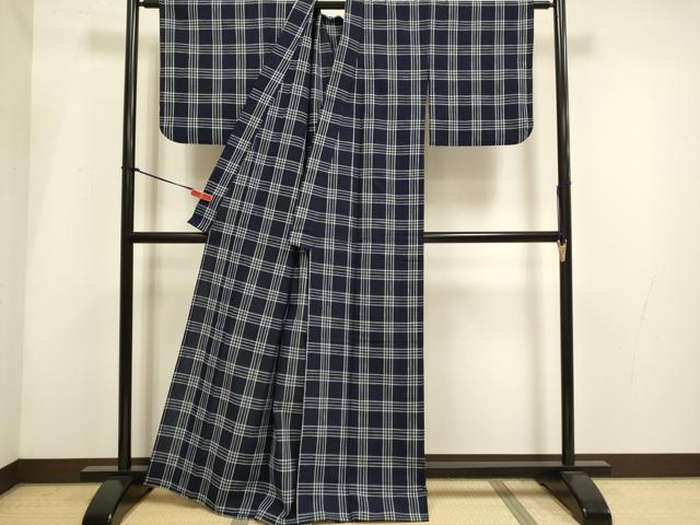平和屋着物∴夏物　小千谷　紺仁　越後片貝木綿　小紋・浴衣兼用　格子　証紙付き　木綿　逸品　DABH4935du