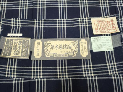 平和屋着物∴夏物　小千谷　紺仁　越後片貝木綿　小紋・浴衣兼用　格子　証紙付き　木綿　逸品　DABH4935du