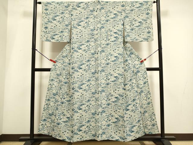 平和屋着物▽上質な小紋　単衣　作家物　藍　型染　吉祥花文　松竹梅　正絹　逸品　DABH4941du