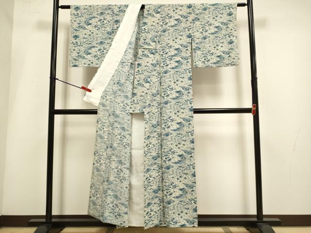 平和屋着物▽上質な小紋　単衣　作家物　藍　型染　吉祥花文　松竹梅　正絹　逸品　DABH4941du