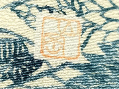 平和屋着物▽上質な小紋　単衣　作家物　藍　型染　吉祥花文　松竹梅　正絹　逸品　DABH4941du
