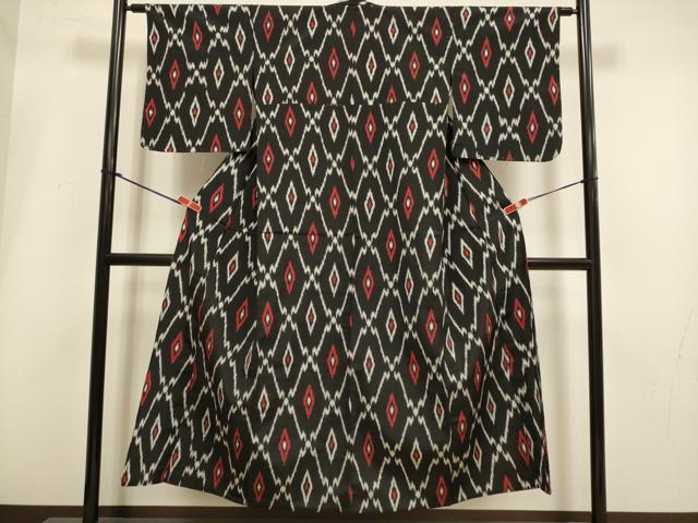 平和屋着物▽上質なお召 　単衣　 菱文　黒地　正絹　逸品　未使用　DABH4944du