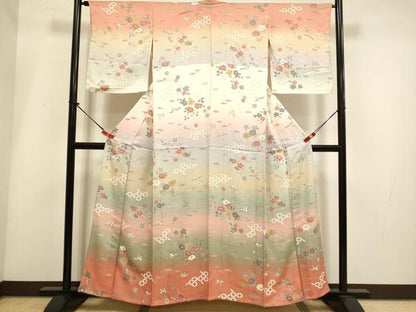 平和屋着物▽訪問着　単衣　飛鶴吉祥花文　暈し染め　金彩　正絹　逸品　DABH4946du