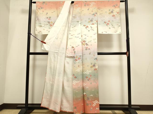 平和屋着物▽訪問着　単衣　飛鶴吉祥花文　暈し染め　金彩　正絹　逸品　DABH4946du