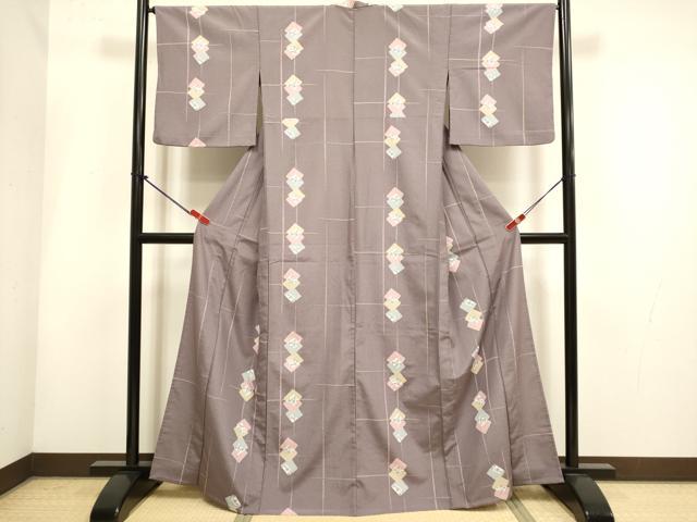 平和屋着物▽小紋　単衣　色紙重ね花文　洗える着物　DABH4949du