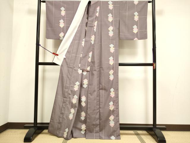 平和屋着物▽小紋　単衣　色紙重ね花文　洗える着物　DABH4949du