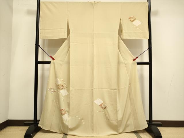平和屋着物▽訪問着　単衣　駒刺繍　松葉花文　金彩　そごう扱い　正絹　逸品　DABH4956du