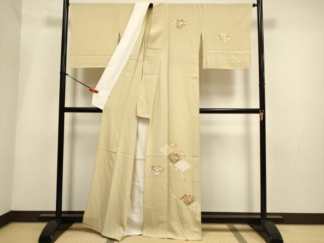 平和屋着物▽訪問着　単衣　駒刺繍　松葉花文　金彩　そごう扱い　正絹　逸品　DABH4956du