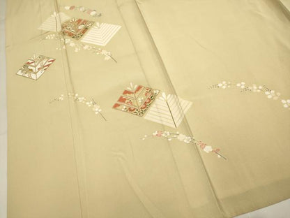平和屋着物▽訪問着　単衣　駒刺繍　松葉花文　金彩　そごう扱い　正絹　逸品　DABH4956du
