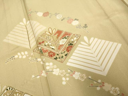 平和屋着物▽訪問着　単衣　駒刺繍　松葉花文　金彩　そごう扱い　正絹　逸品　DABH4956du