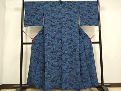 平和屋着物▽上質な小紋　単衣　藍　花鳥文　正絹　逸品　DABH4960du