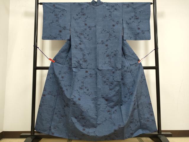 平和屋着物▽上質な紬　単衣　草花文　正絹　逸品　DABH4967du