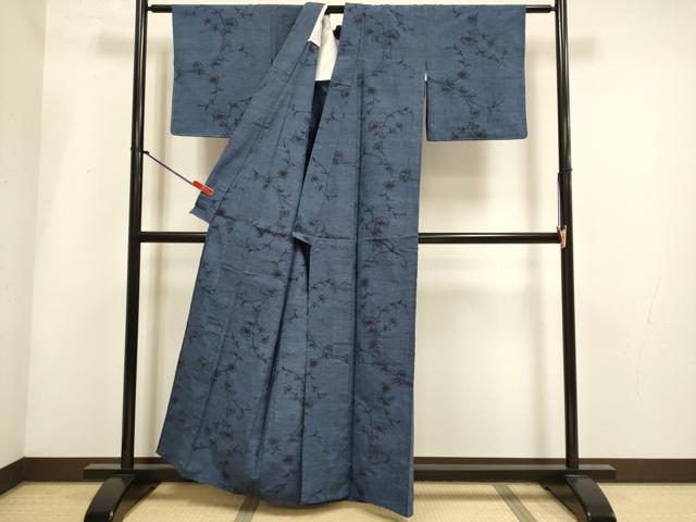 平和屋着物▽上質な紬　単衣　草花文　正絹　逸品　DABH4967du