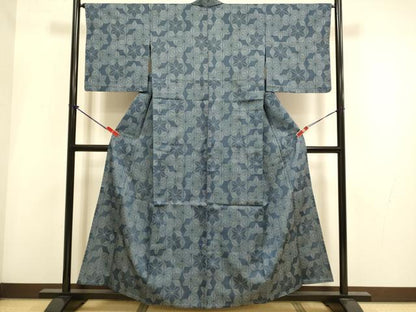 平和屋着物▽上質な紬　単衣　麻の葉文様　正絹　逸品　DABH4976du