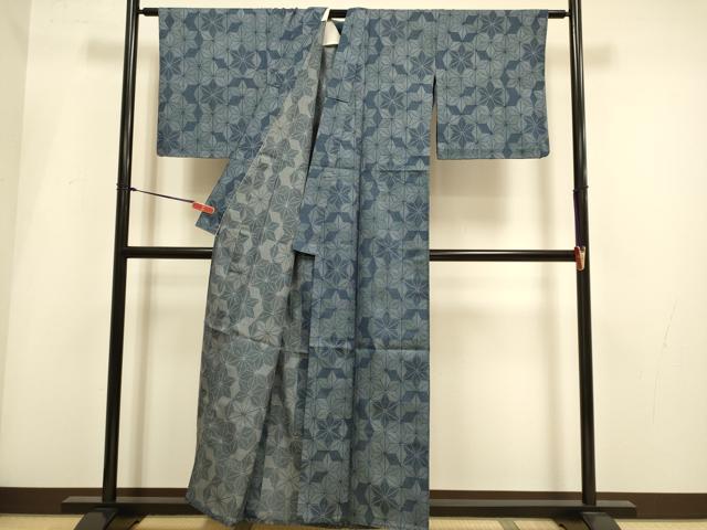 平和屋着物▽上質な紬　単衣　麻の葉文様　正絹　逸品　DABH4976du